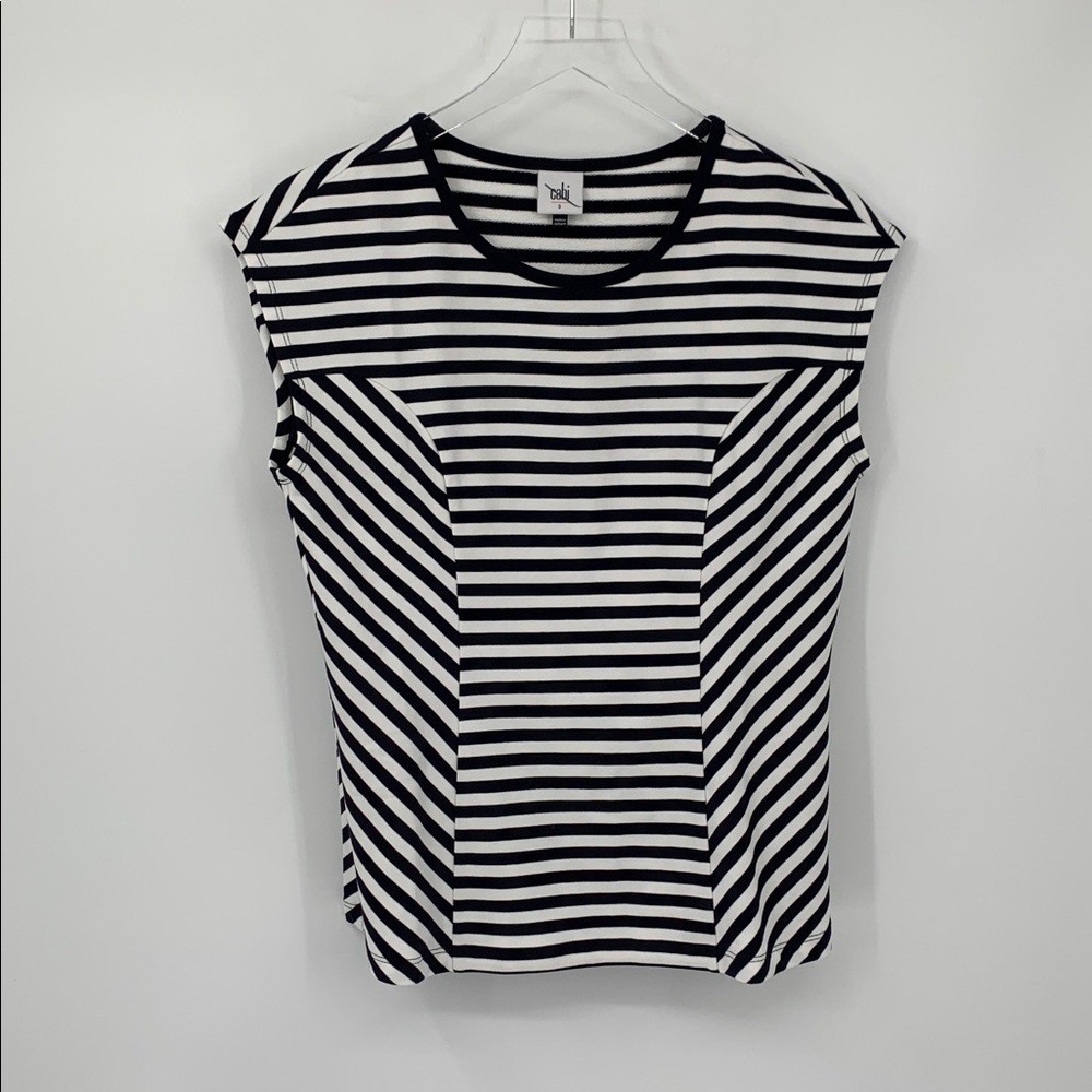 Cabi Illusion tee shirt top blouse knit stretch black white stripe flatter new S